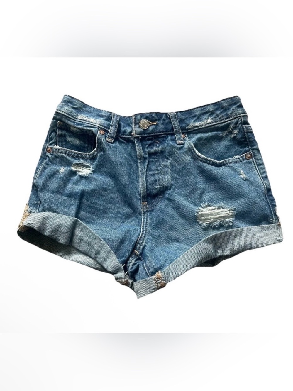 Express Boyfriend Midi Mid Rise Denim Shorts Size 0 Blue Distressed Raw Hem